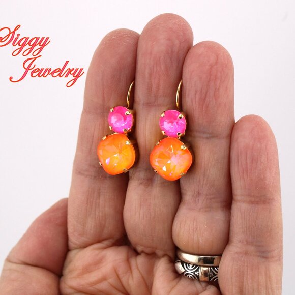 Tropical Blaze Multi Stone Earrings, 12mm Cushion Cut Neon Orange, 8mm Neon Pink - Picture 5 of 6
